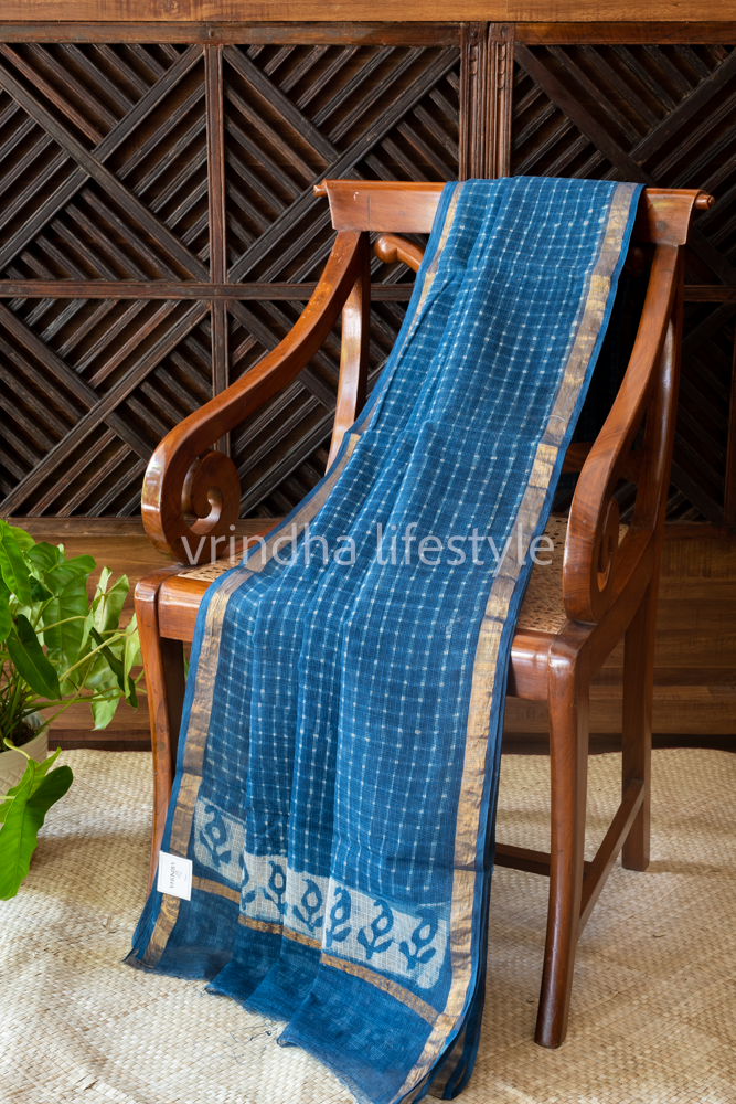 HAND BLOCK PRINTED KOTA DORIA SAREE-blue