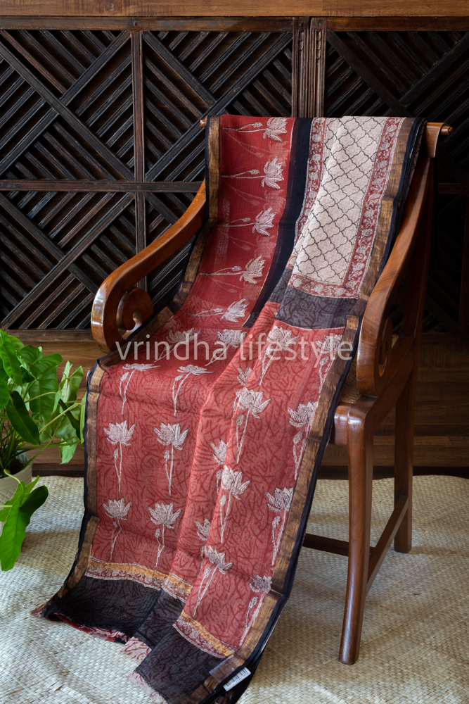 HAND BLOCK PRINTED KOTA DORIA SAREE-Beige/red