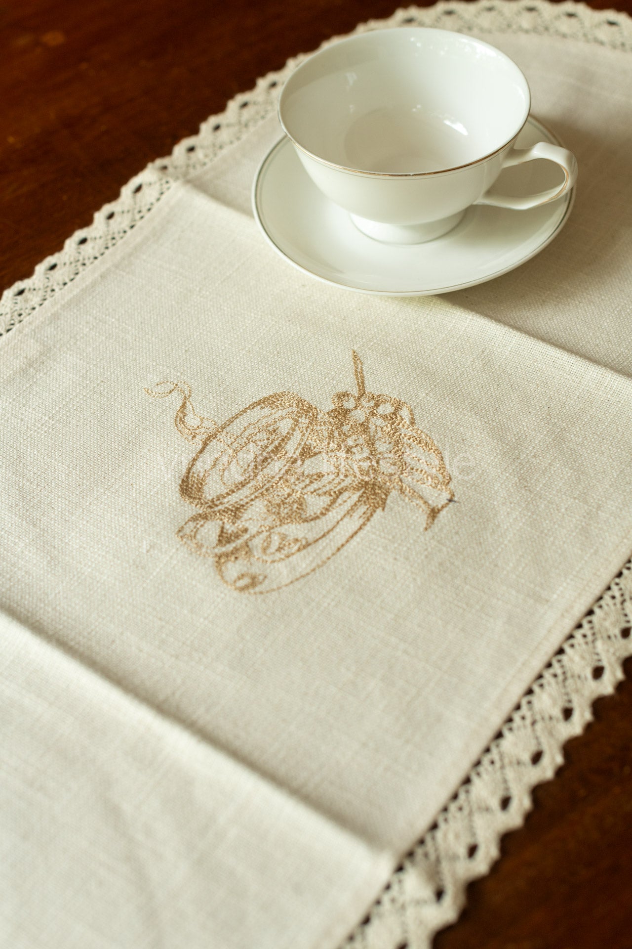 Cotton coffee table runner with embroidery and lace detailing -11x24 inches