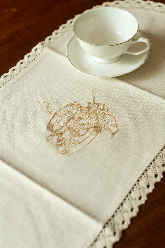 Cotton coffee table runner with embroidery and lace detailing -11x24 inches