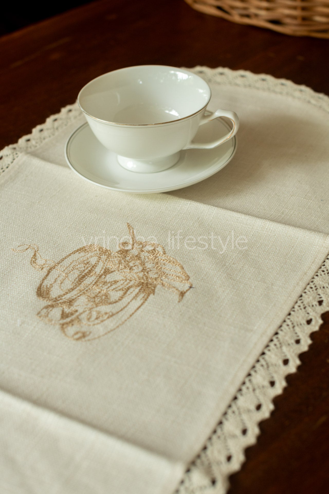 Cotton coffee table runner with embroidery and lace detailing -11x24 inches