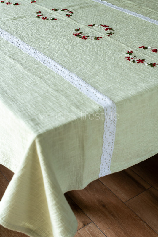 Jute /TNT table cloth  with ribbon hand embroidery and lace detailing -4 seater