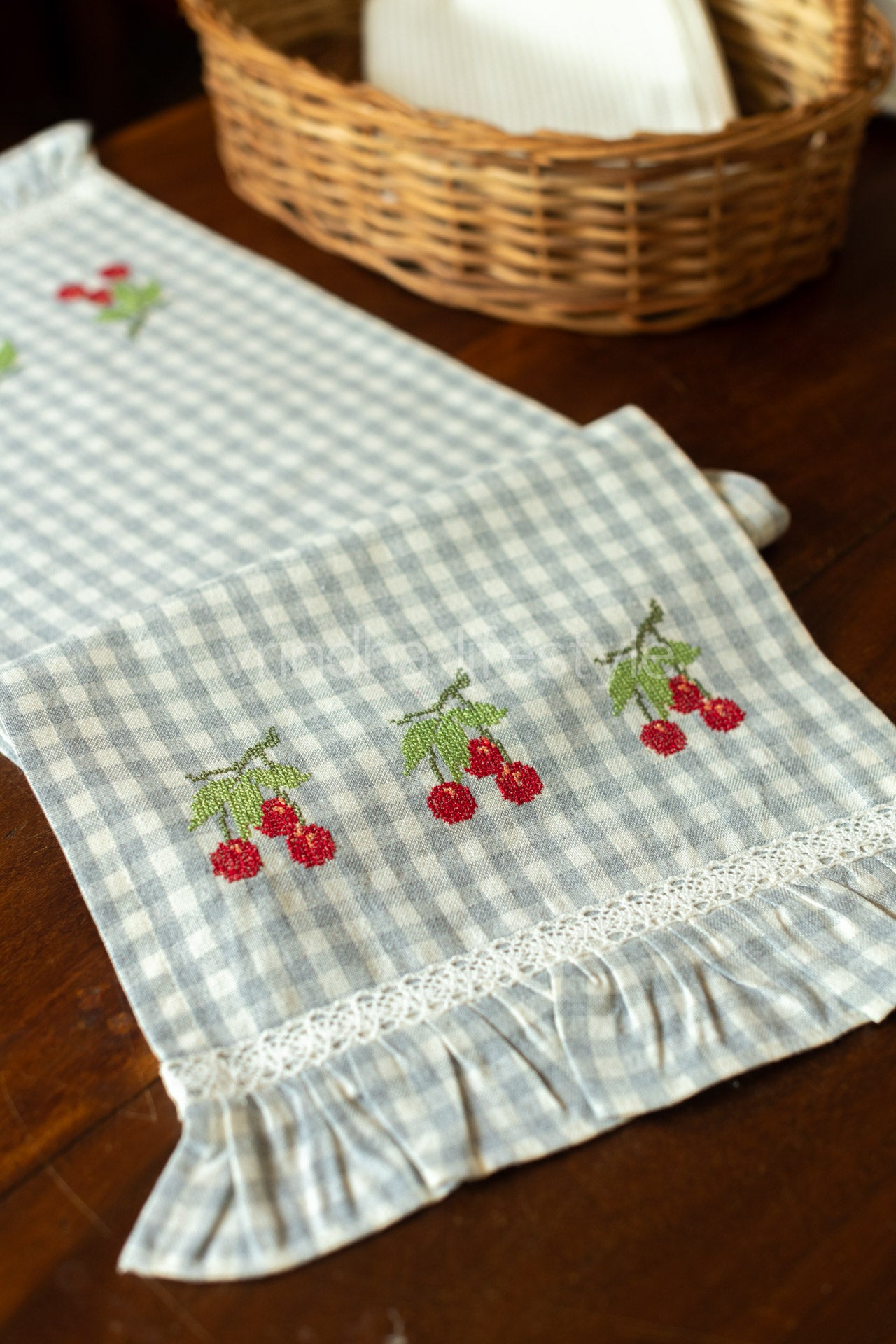 Cotton coffee table runner with embroidery and frill detailing - 11x33 inches
