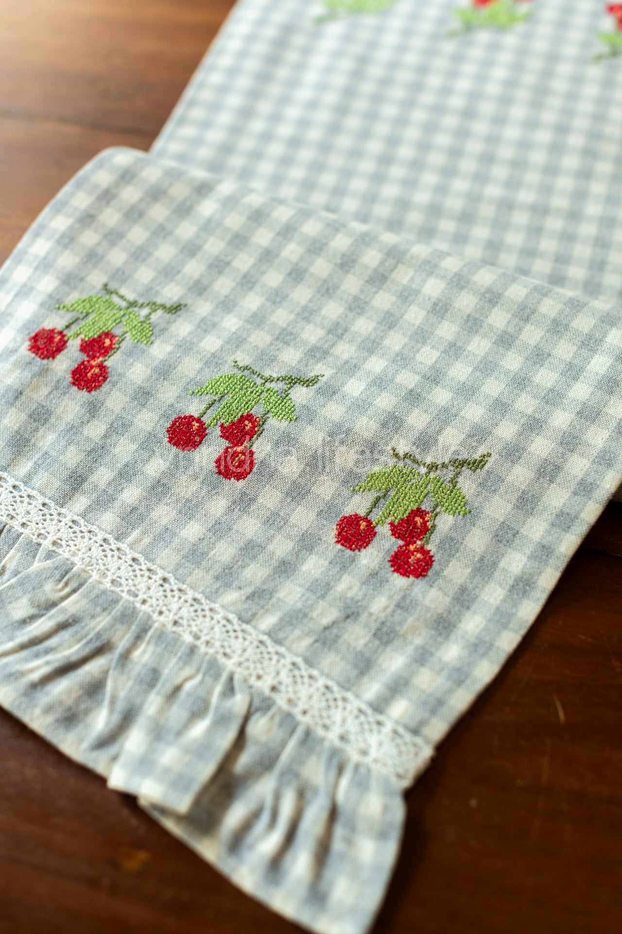 Cotton coffee table runner with embroidery and frill detailing - 11x33 inches