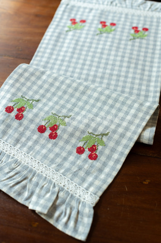 Cotton coffee table runner with embroidery and frill detailing - 11x33 inches