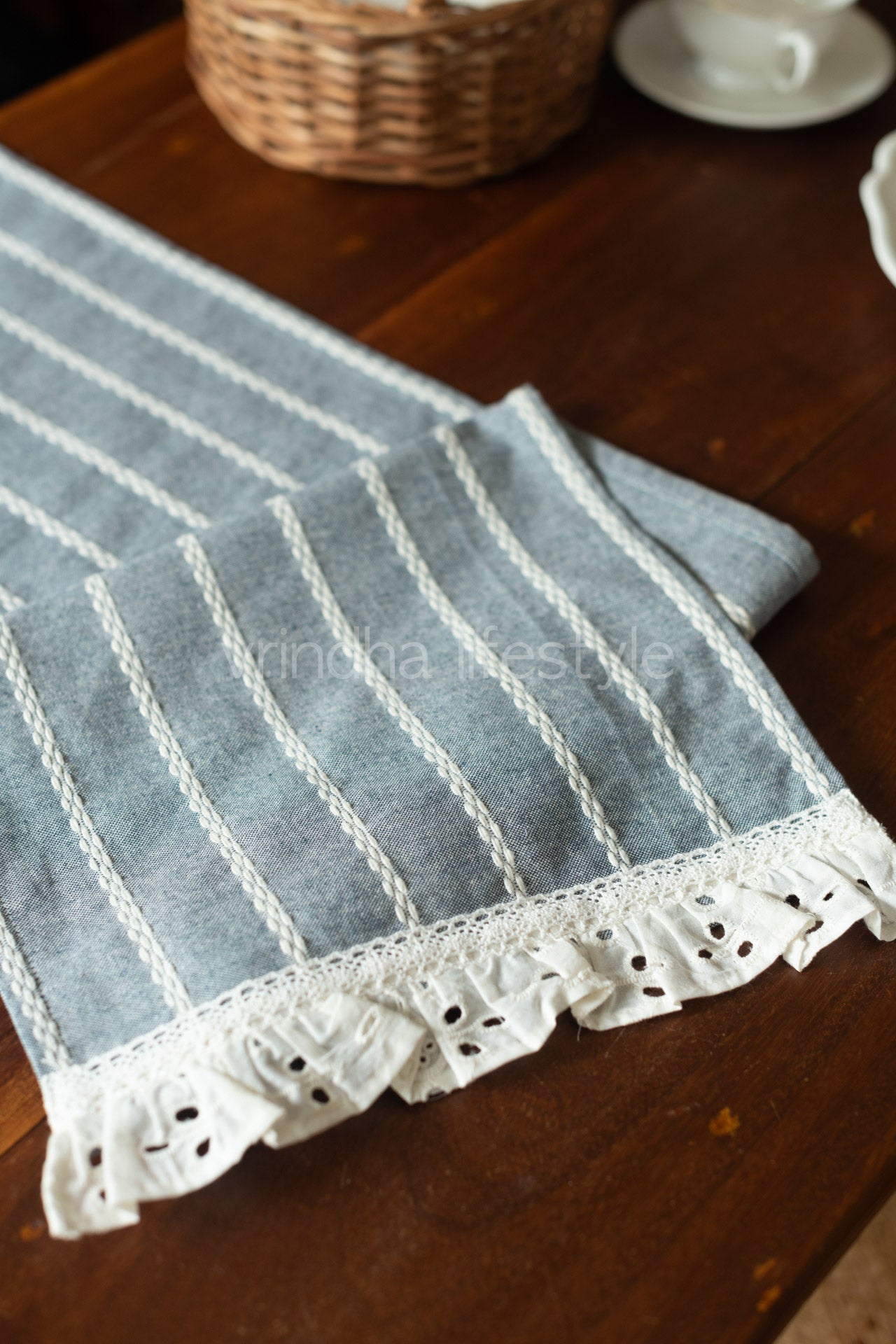 Cotton coffee table runner with  frill detailing - 11x33 inches