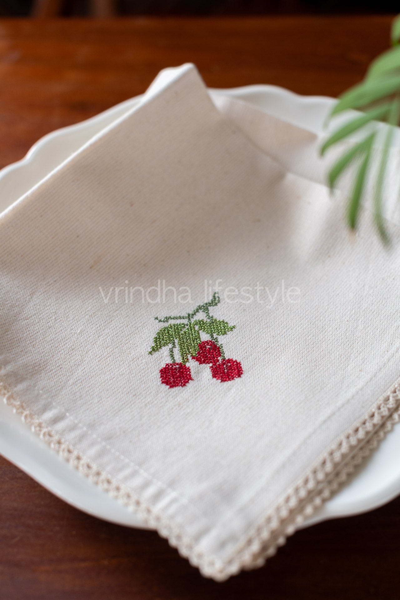 COTTON TABLE NAPKINS with embroidery and lace detailing -Set of 2