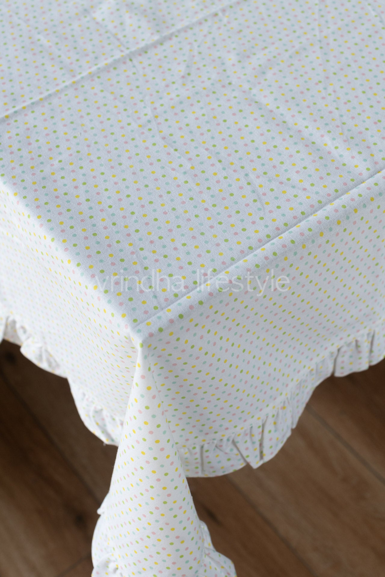 Cotton printed coffee table cover with frill detailing