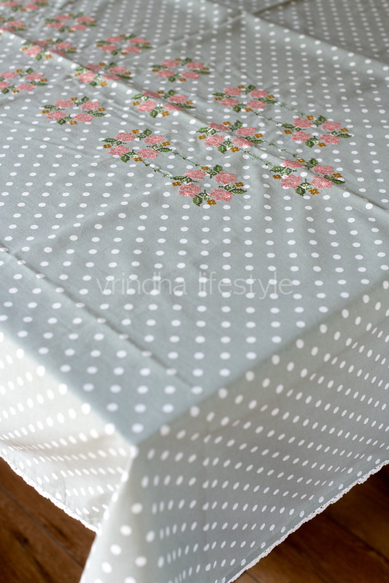 Cotton printed table cloth, with cross stitch embroidery and lace detailing -4 seater