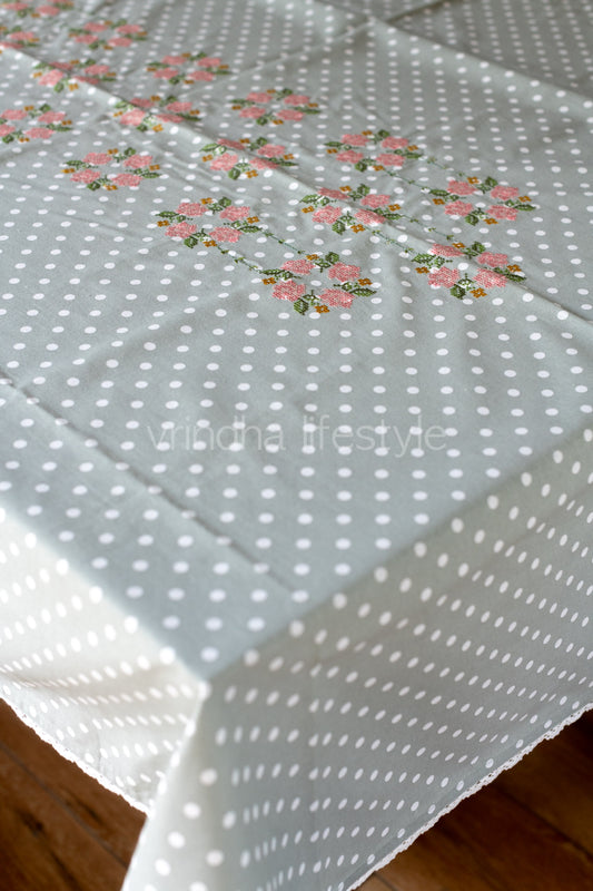 Cotton printed table cloth, with cross stitch embroidery and lace detailing -4 seater