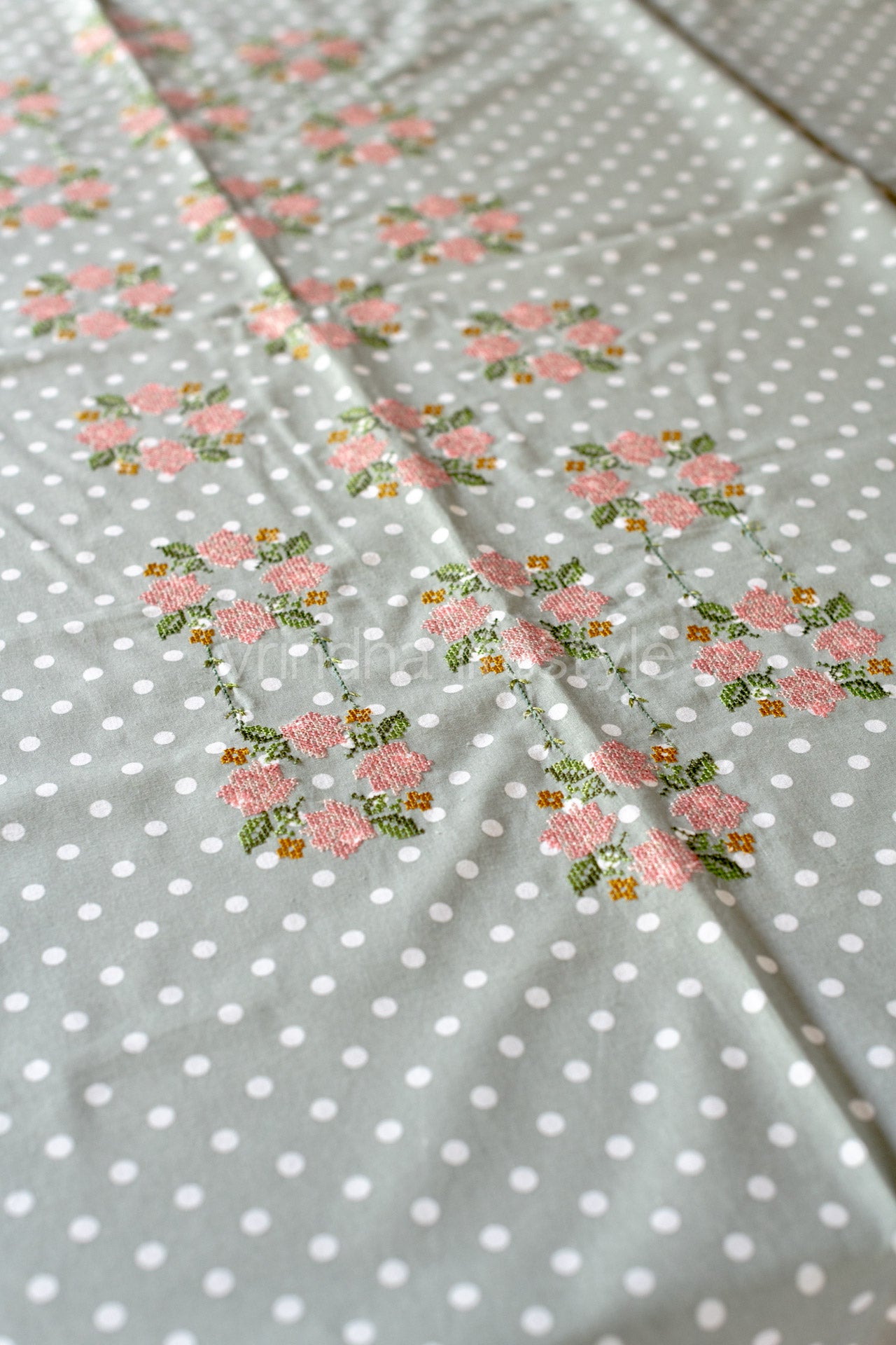 Cotton printed table cloth, with cross stitch embroidery and lace detailing -4 seater