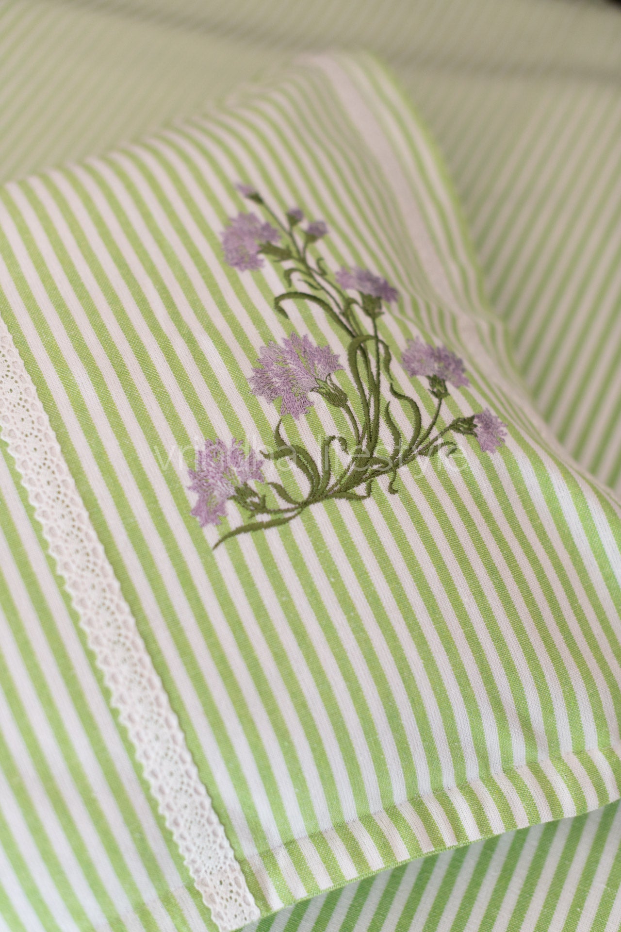 Cotton Bedsheet with cotton embroidered pillow covers with lace detailing -Single
