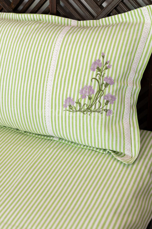 Cotton Bedsheet with cotton embroidered pillow covers with lace detailing -Single
