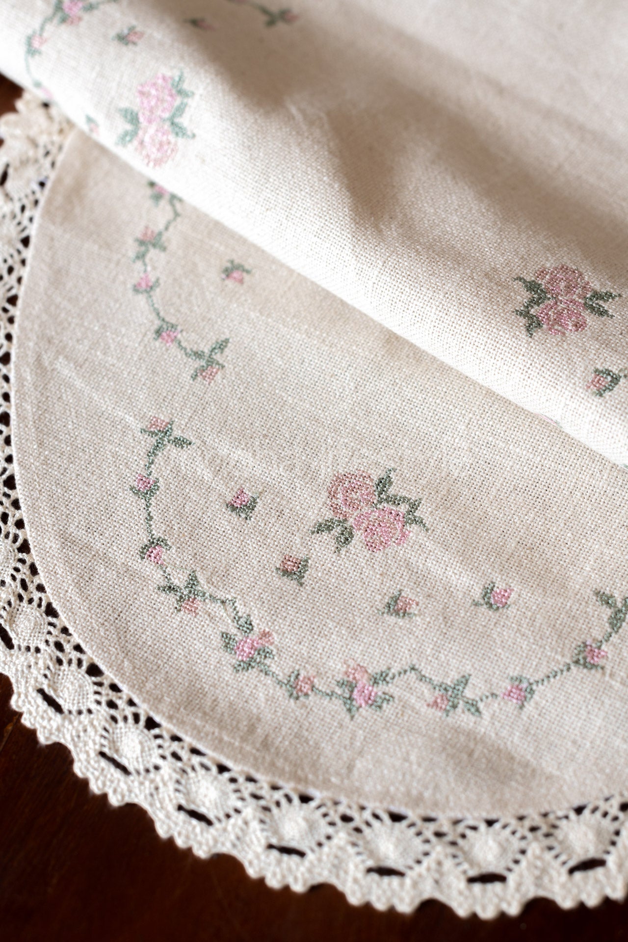 Cotton table runner with cross stitch embroidery and lace detailing -6 seater -14x48 inches-Coffee table runner