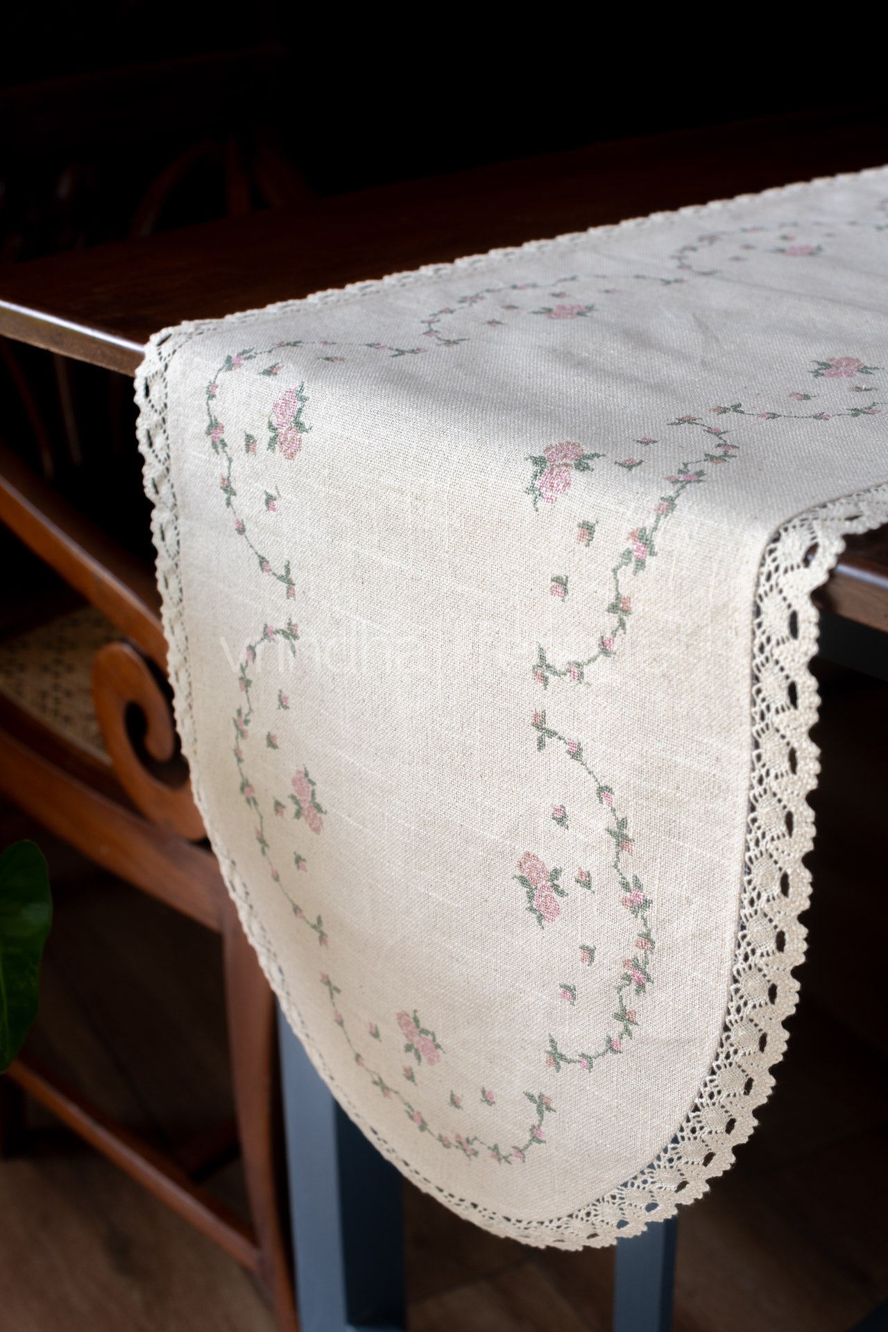 Cotton table runner with cross stitch embroidery and lace detailing -6 seater -14x48 inches-Coffee table runner