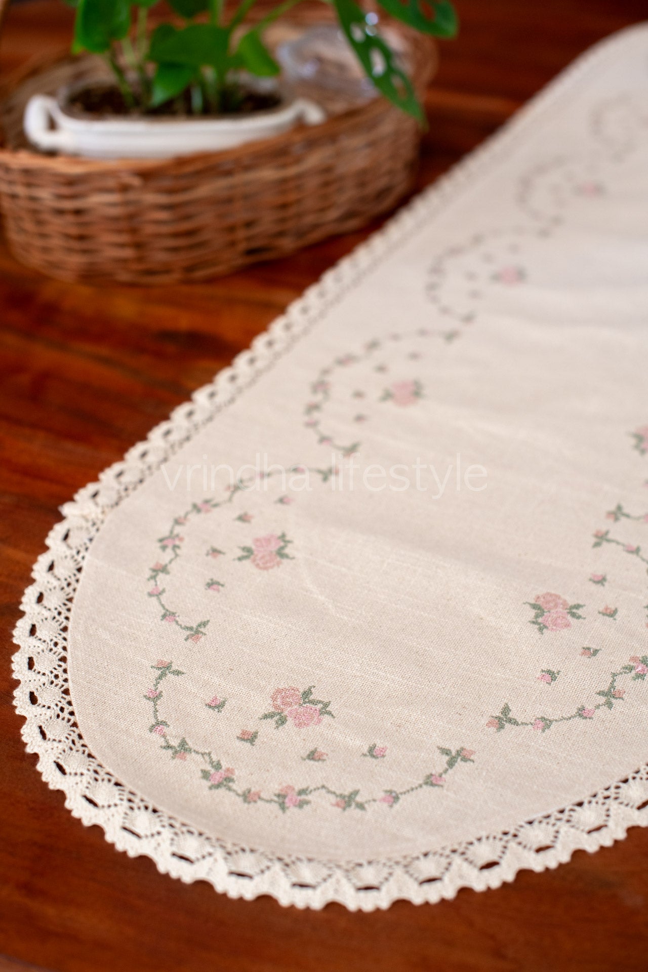 Cotton table runner with cross stitch embroidery and lace detailing -6 seater -14x48 inches-Coffee table runner