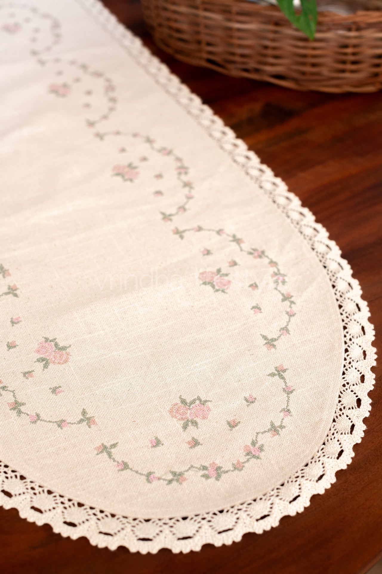 Cotton table runner with cross stitch embroidery and lace detailing -6 seater -14x48 inches-Coffee table runner