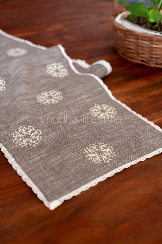 Cotton table runner with cross stitch embroidery and lace detailing -4 seater -11x62  inches