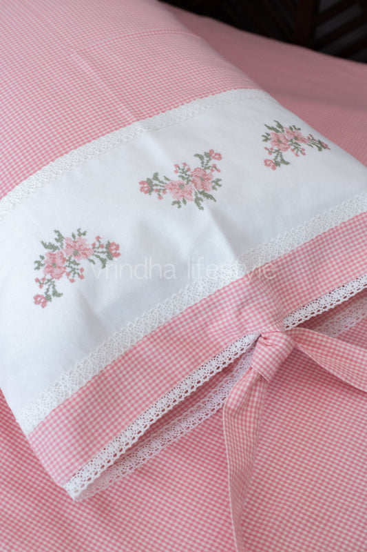 Cotton Bedsheet with cotton cross stitch embroidered pillow covers with lace detailing -Single