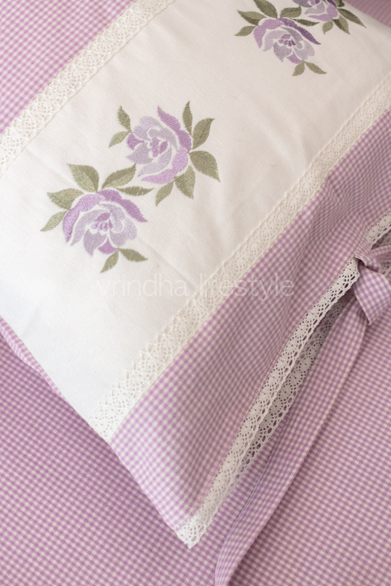 Cotton Bedsheet with cotton cross stitch embroidered pillow covers with lace detailing -Single