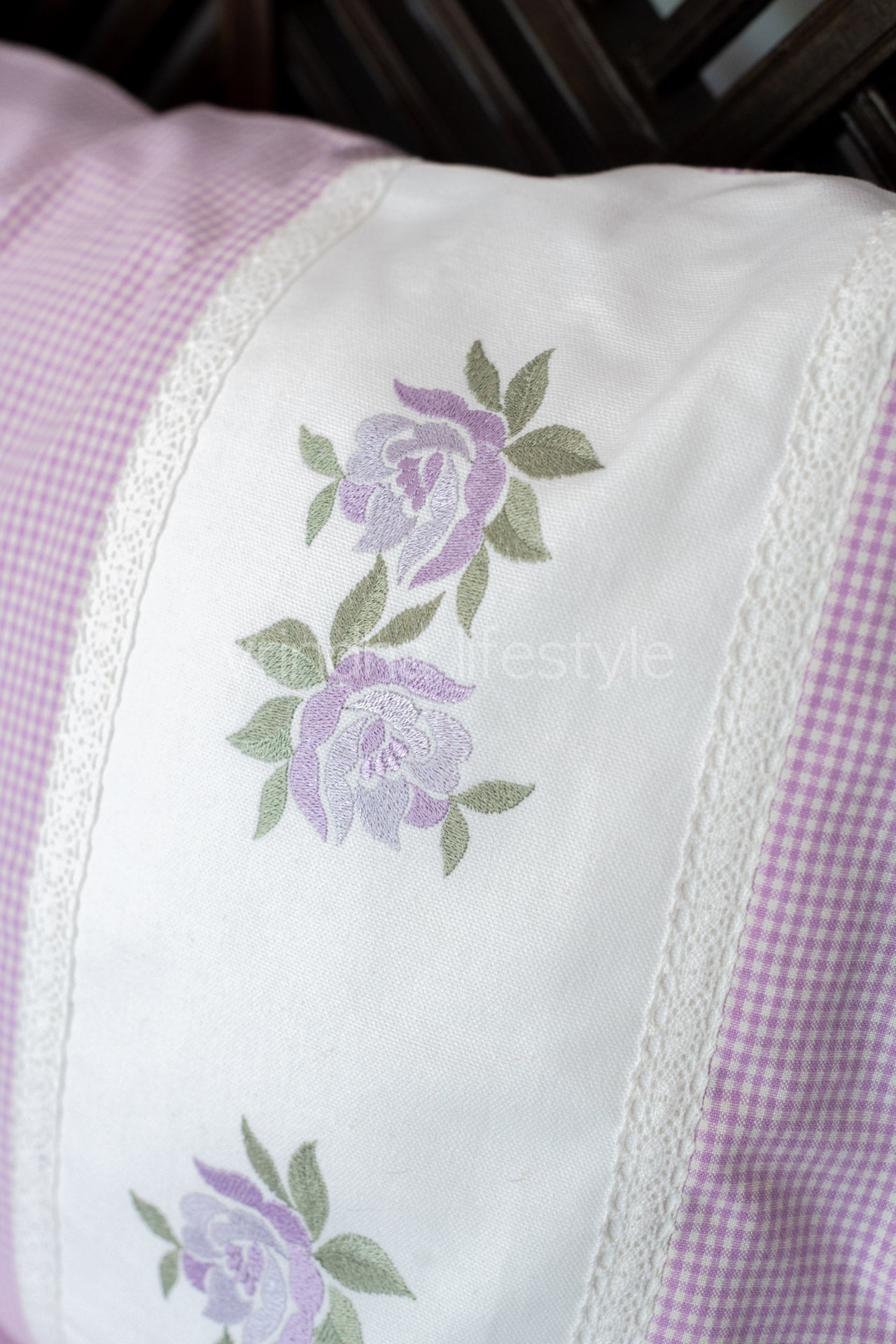 Cotton Bedsheet with cotton cross stitch embroidered pillow covers with lace detailing -Single