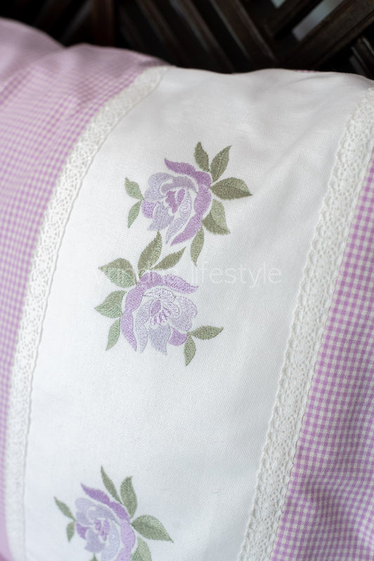 Cotton Bedsheet with cotton cross stitch embroidered pillow covers with lace detailing -Single