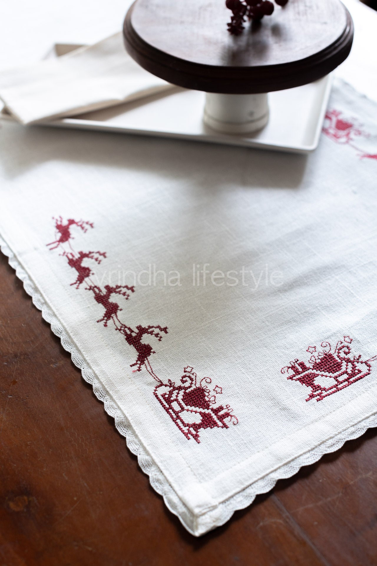 Cotton table runner with cross stitch embroidery and lace detailing -4 seater -14.5x46 inches