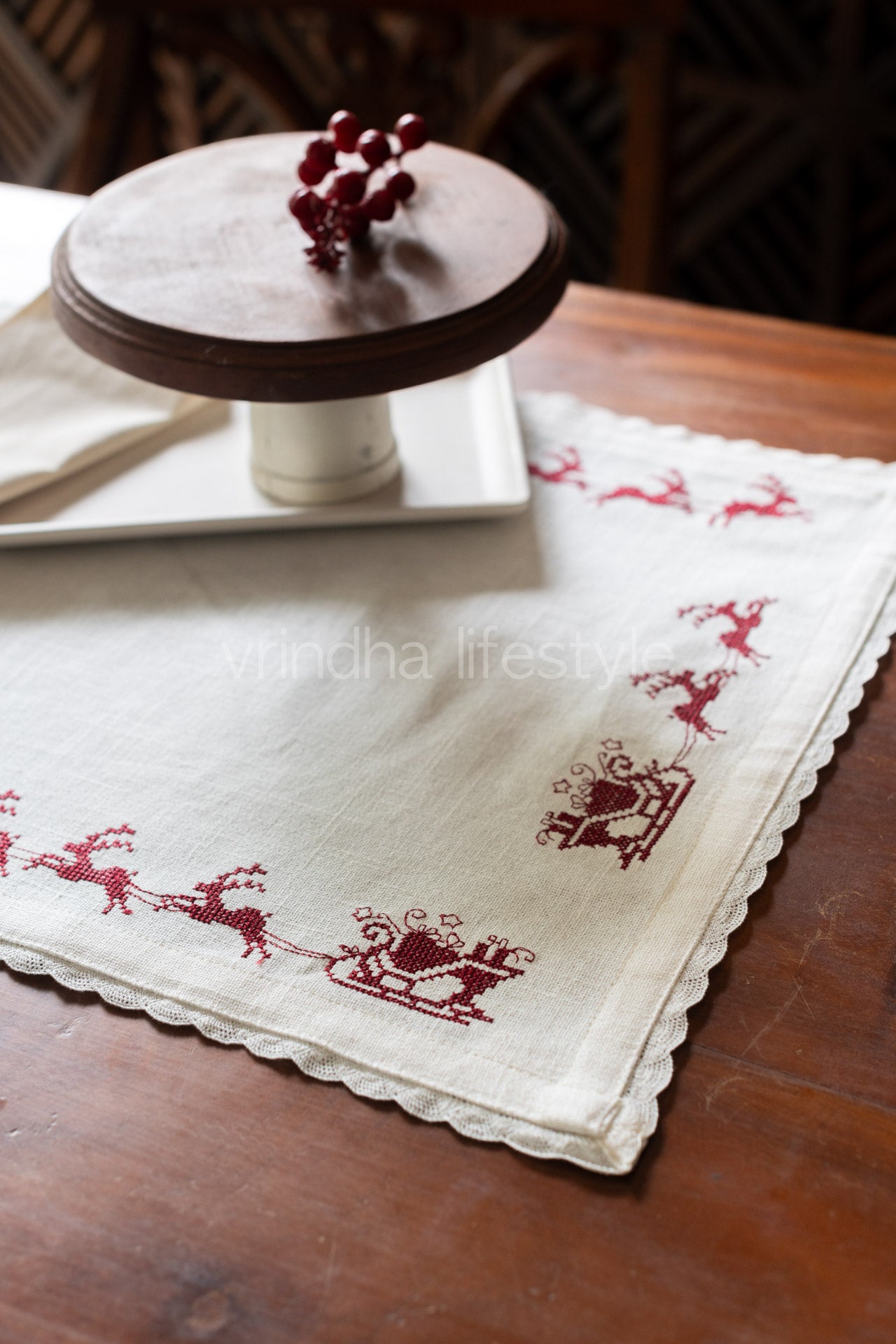 Cotton table runner with cross stitch embroidery and lace detailing -4 seater -14.5x46 inches