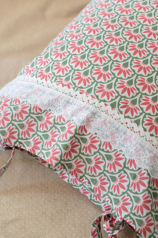 Printed cotton pillow cover with lace detailing -set of 2
