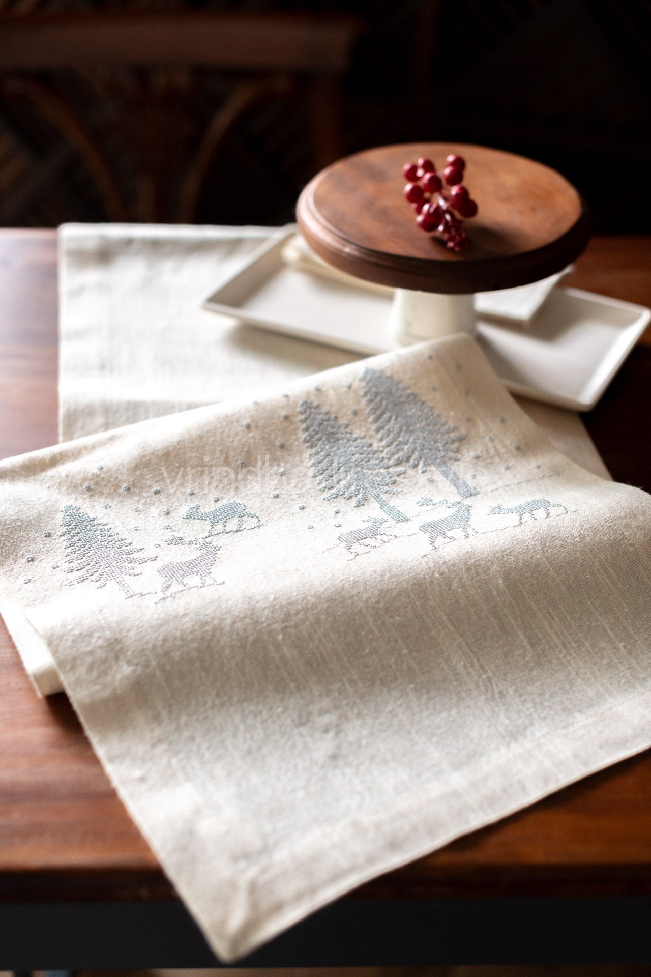 Cotton slub table runner with cross stitch embroidery- 13.5x56 inches-6 seater -customisable