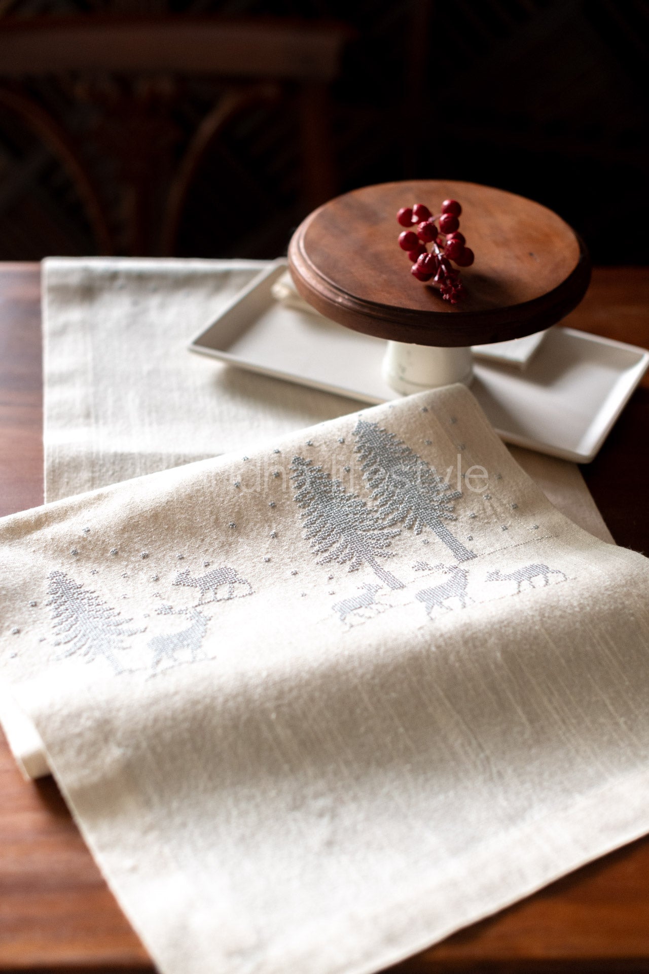 Cotton slub table runner with cross stitch embroidery- 13.5x56 inches-6 seater -customisable