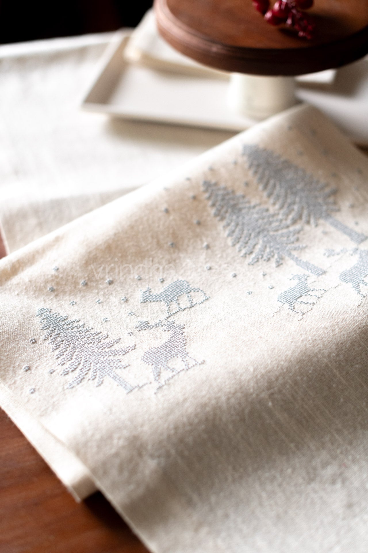 Cotton slub table runner with cross stitch embroidery- 13.5x56 inches-6 seater -customisable