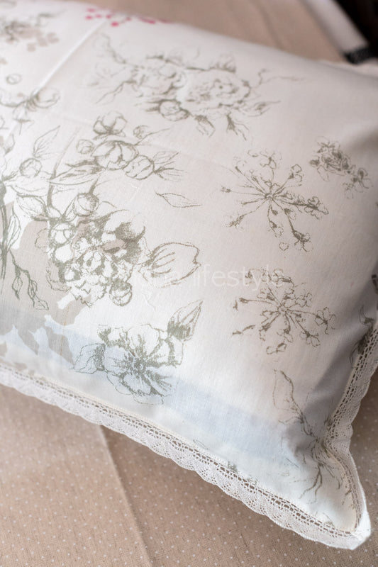 Printed cotton pillow cover with lace detailing -set of 2