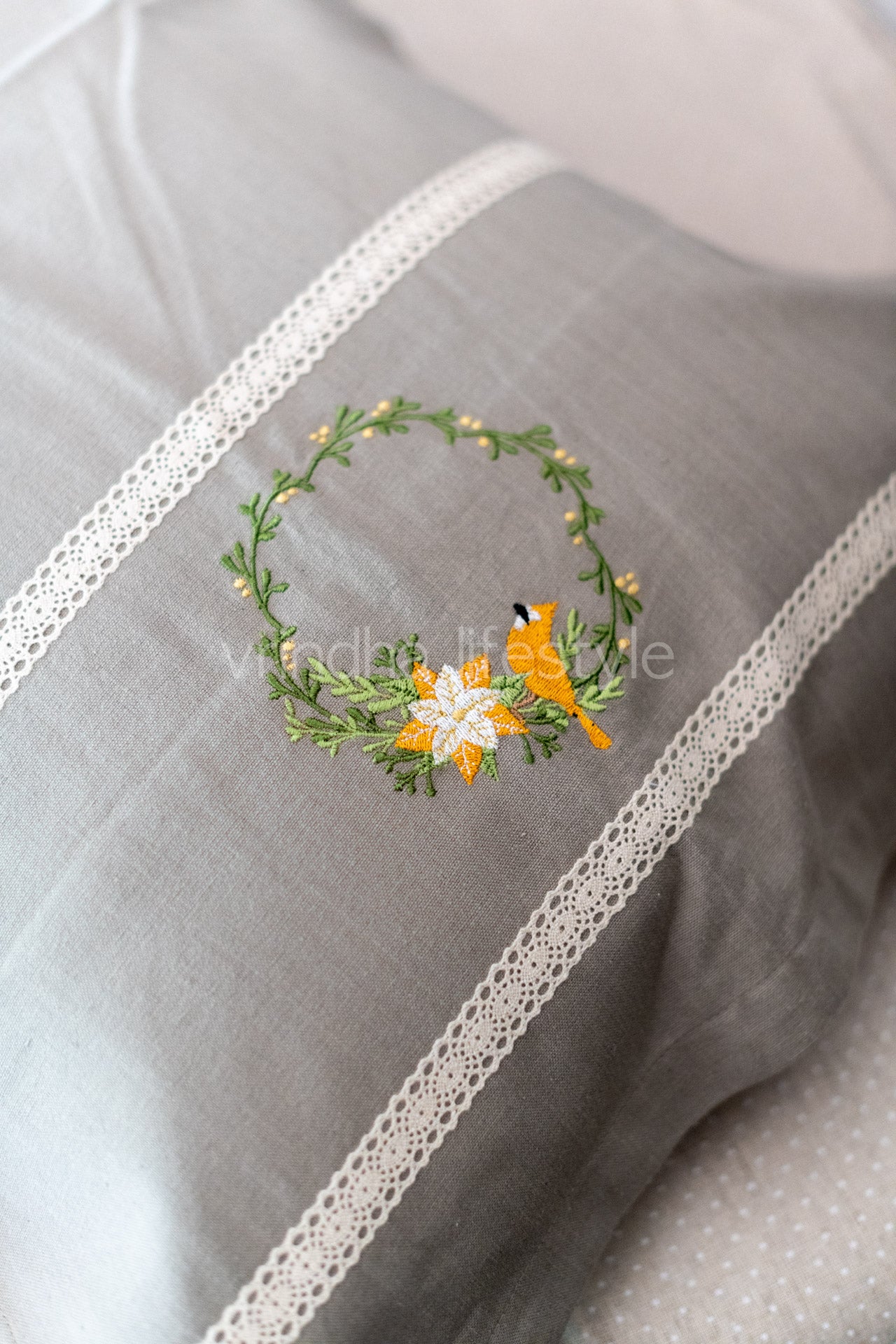 Cotton pillow covers with embroidery and lace detailing -single unit