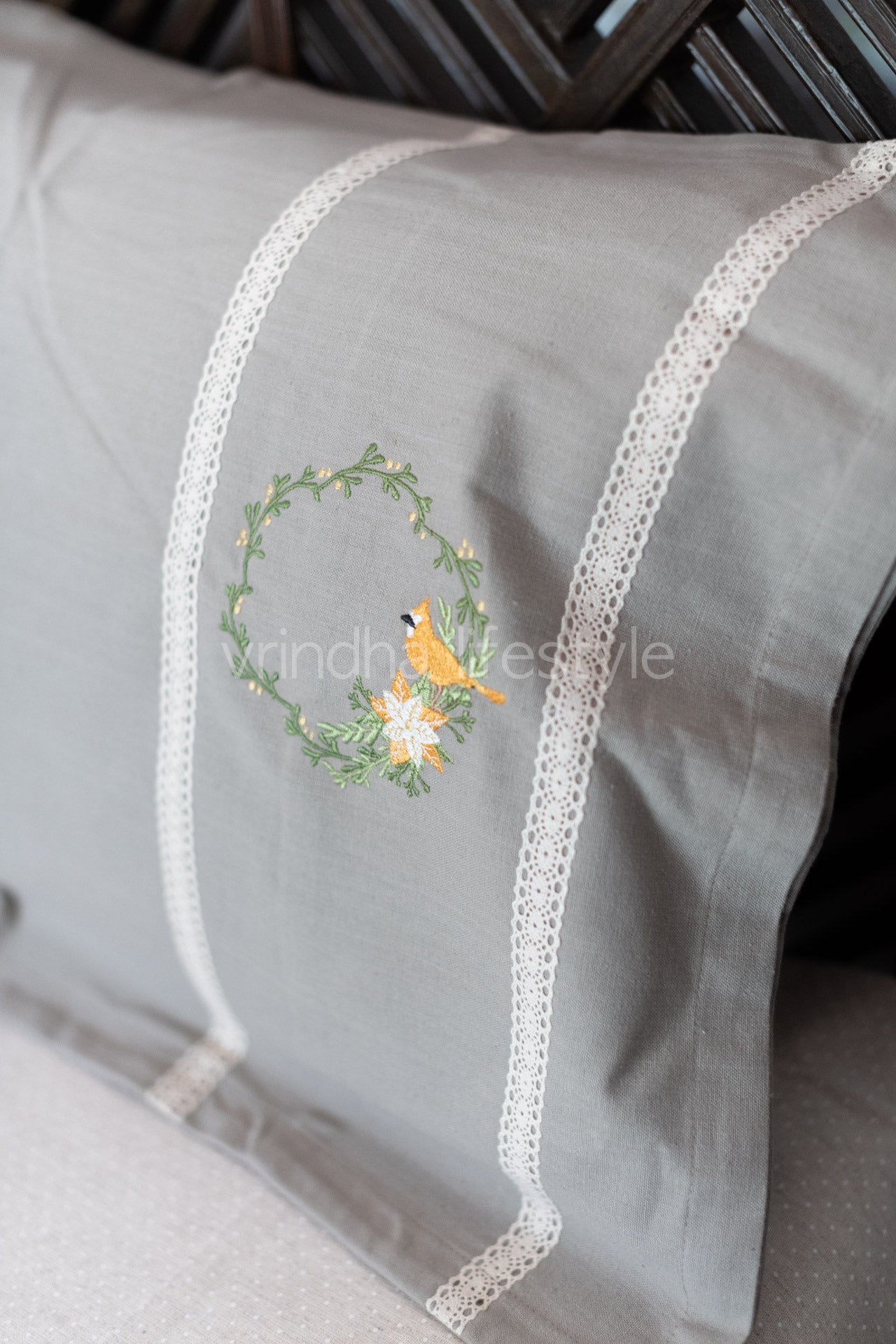 Cotton pillow covers with embroidery and lace detailing -single unit