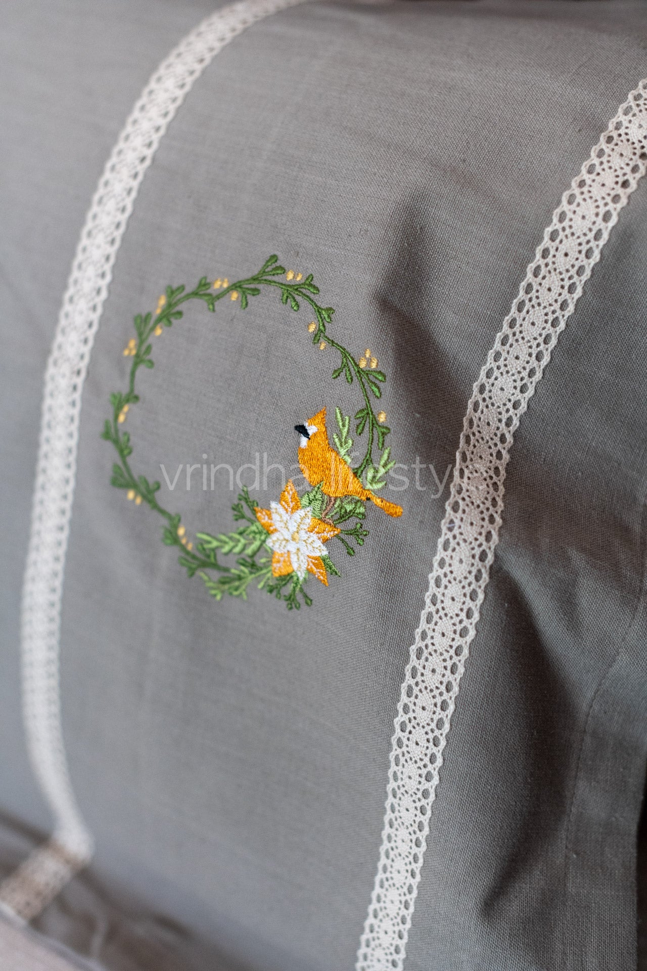 Cotton pillow covers with embroidery and lace detailing -single unit