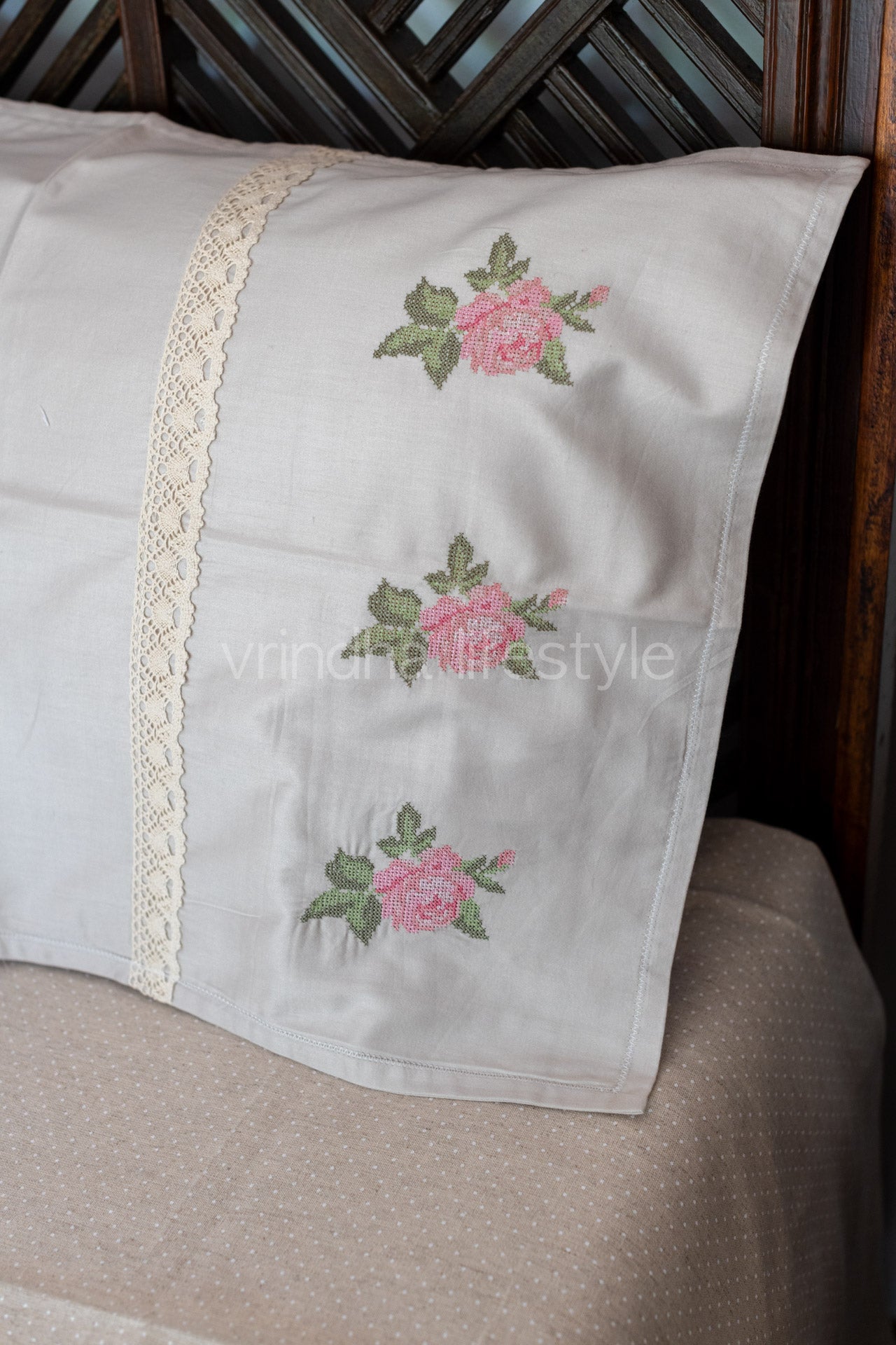 Cotton pillow covers with embroidery and lace detailing -single unit