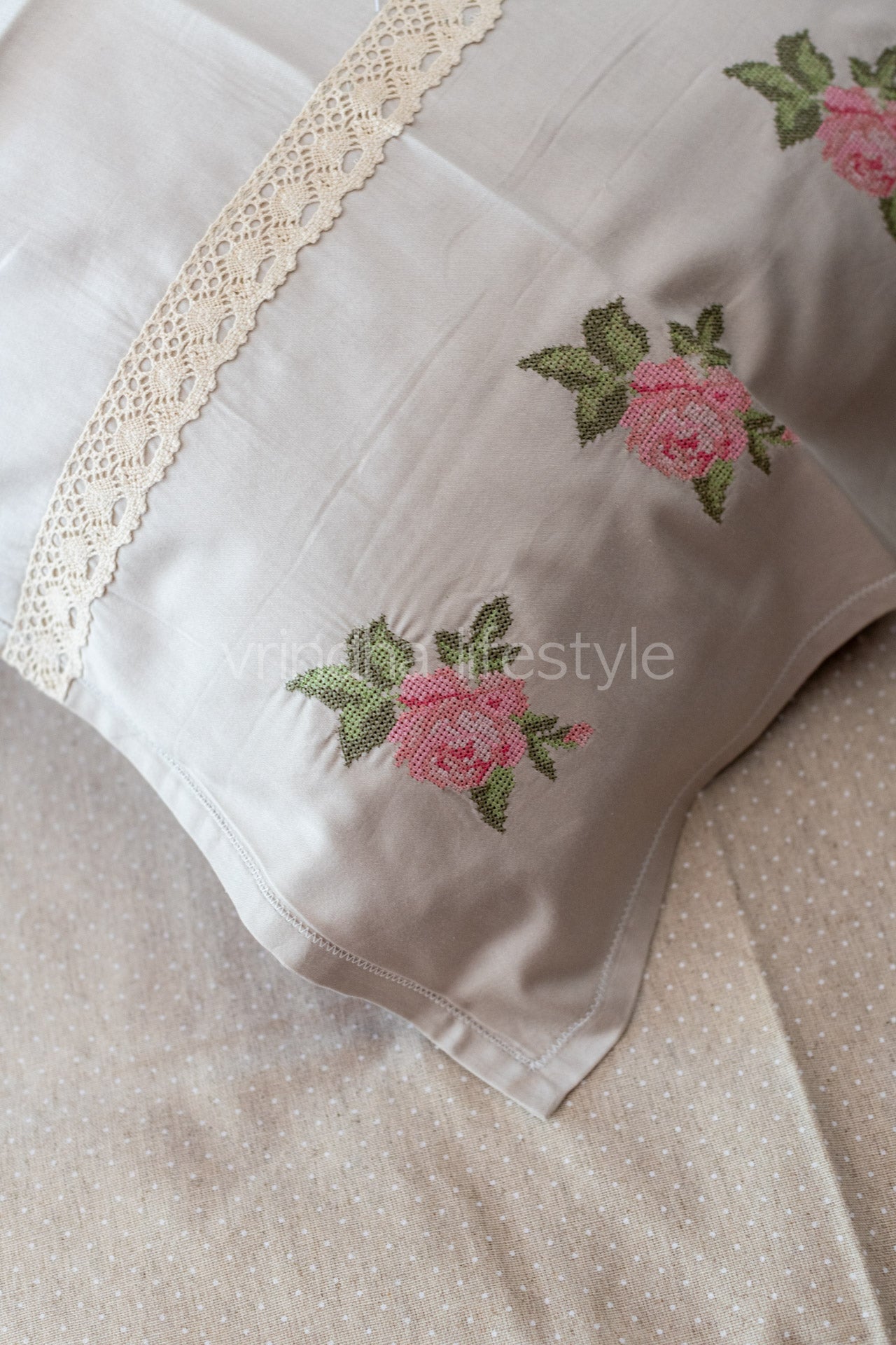 Cotton pillow covers with embroidery and lace detailing -single unit