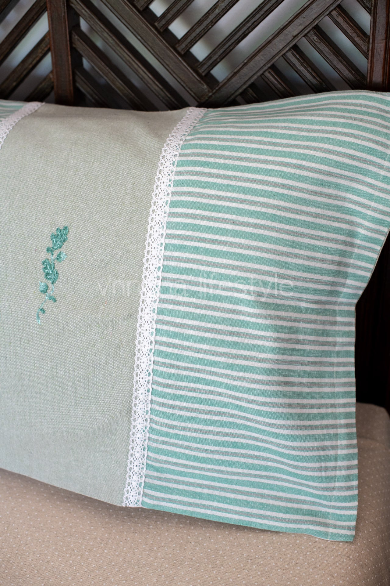 Cotton pillow covers with embroidery and lace detailing -single unit