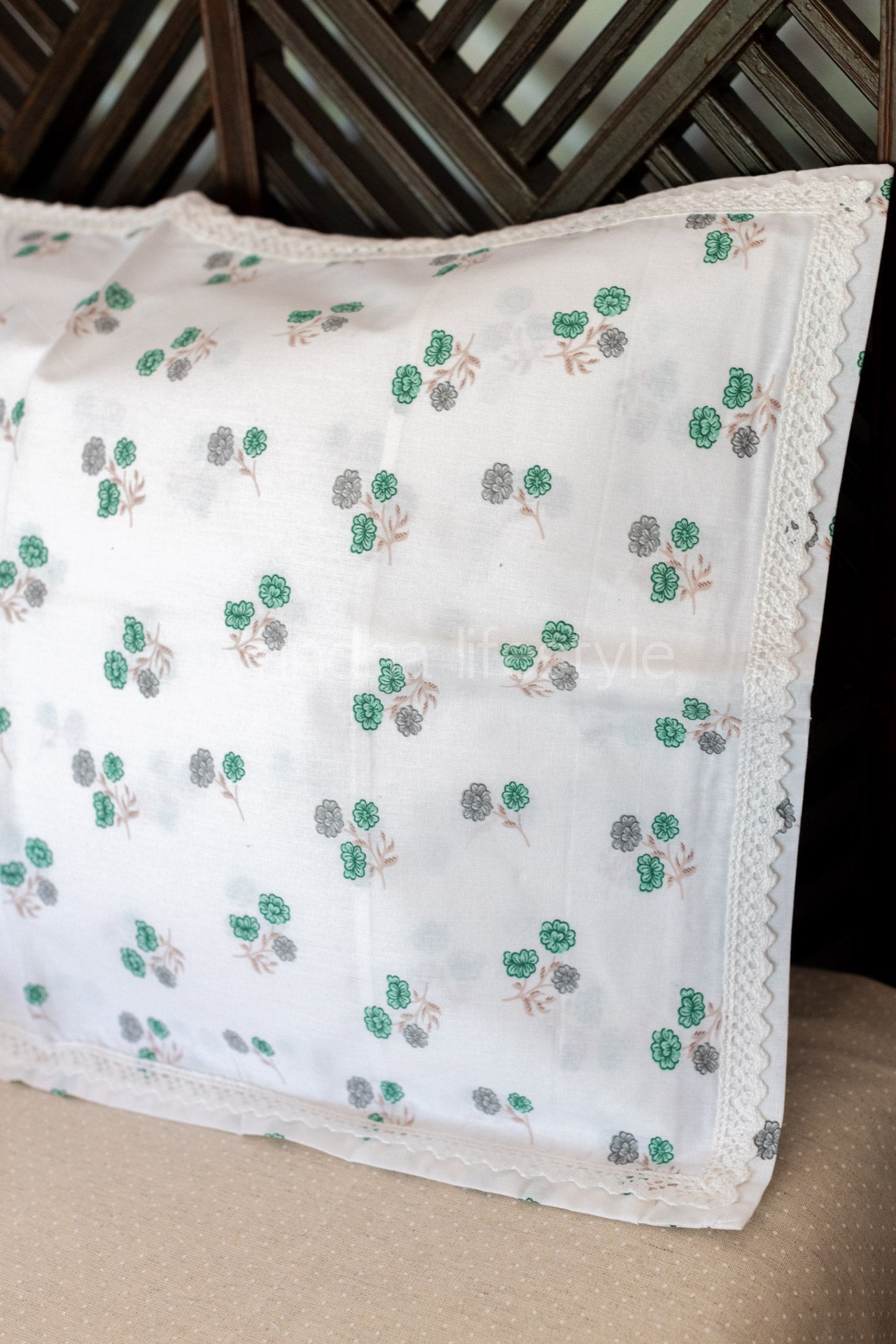 Printed cotton pillow cover with lace detailing-set of 2