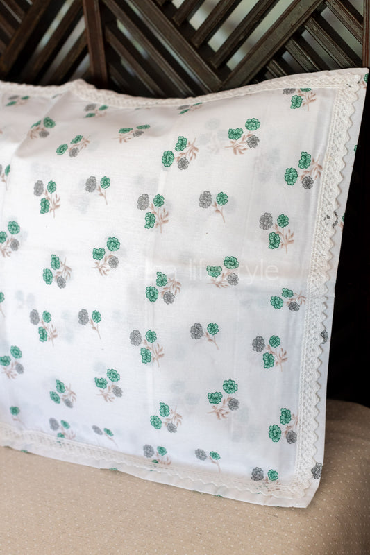 Printed cotton pillow cover with lace detailing-set of 2