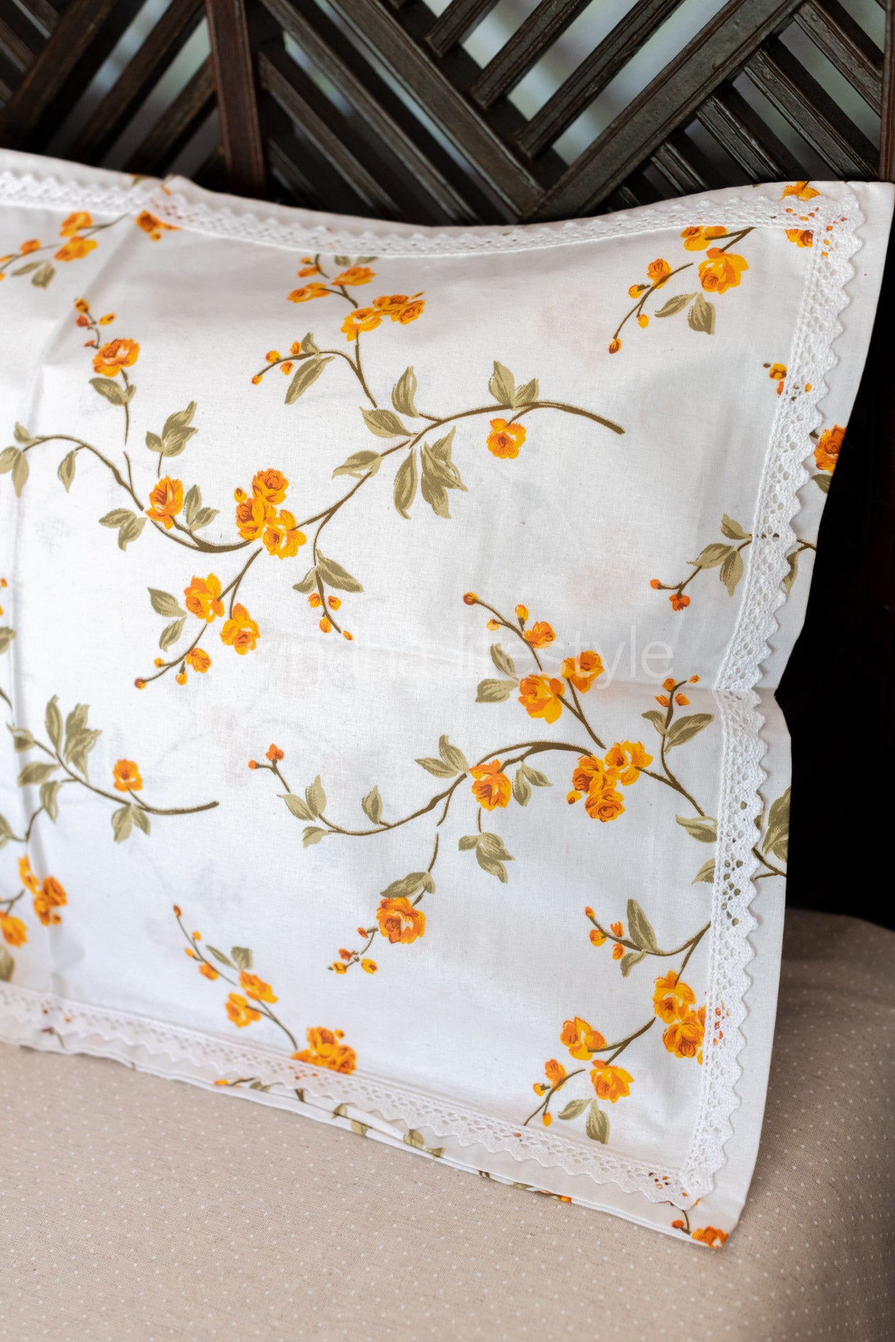 Printed cotton pillow cover with lace detailing-set of 2