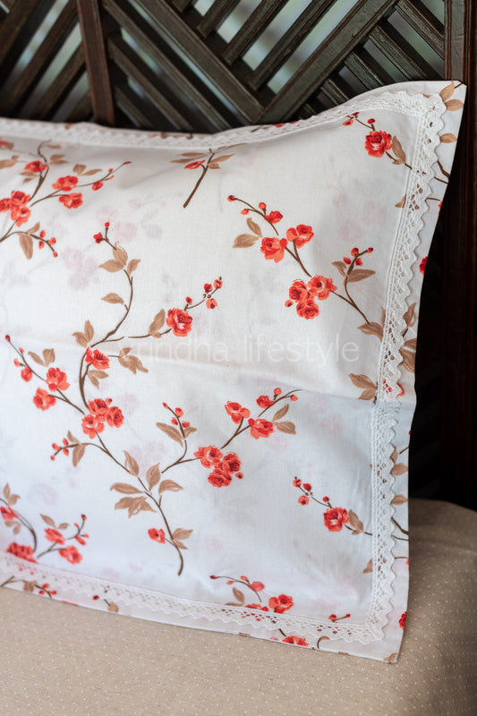 Printed cotton pillow cover with lace detailing-set of 2