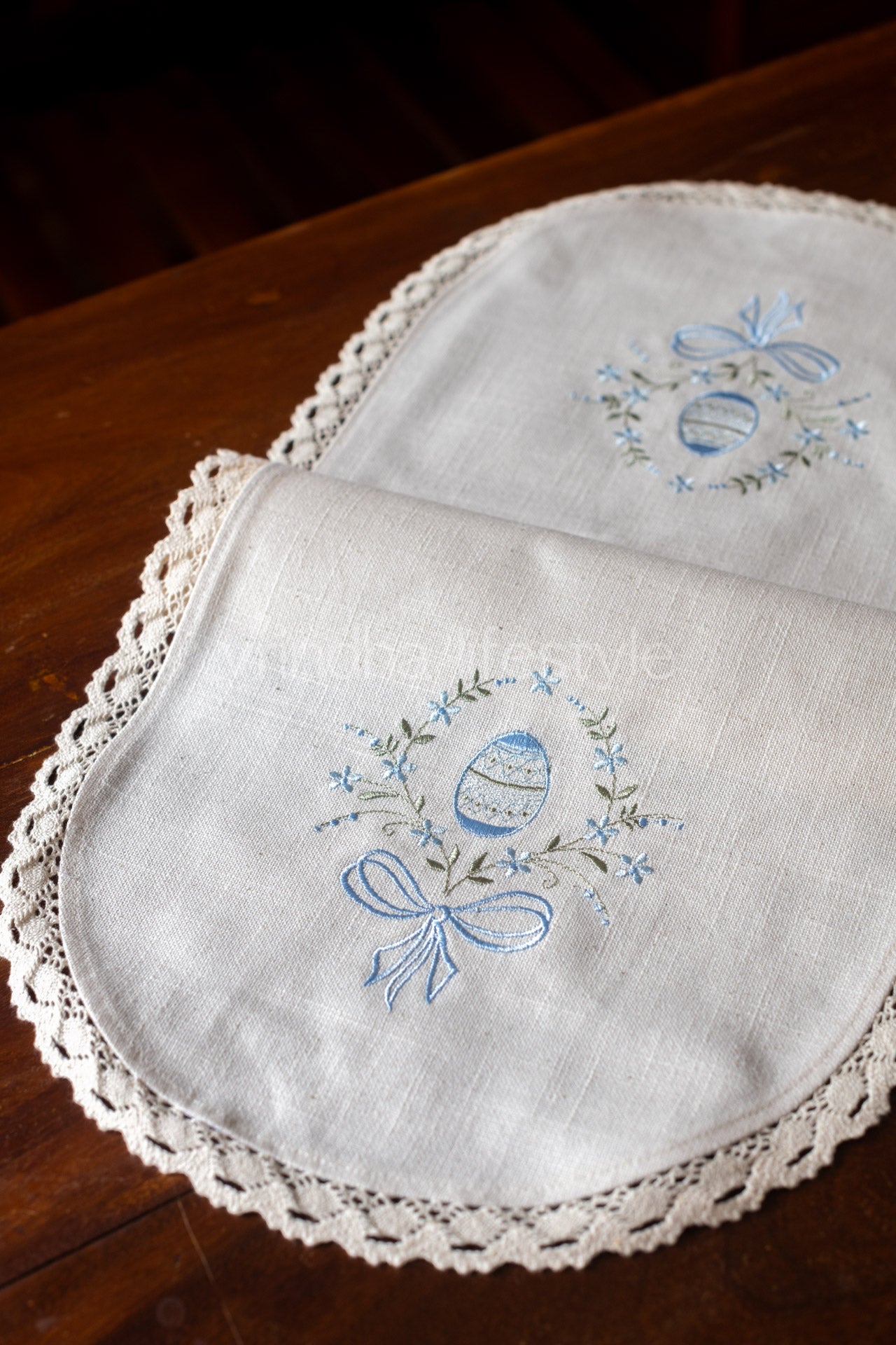 Cotton coffee table runner with embroidery and lace detailing - 12x30 inches