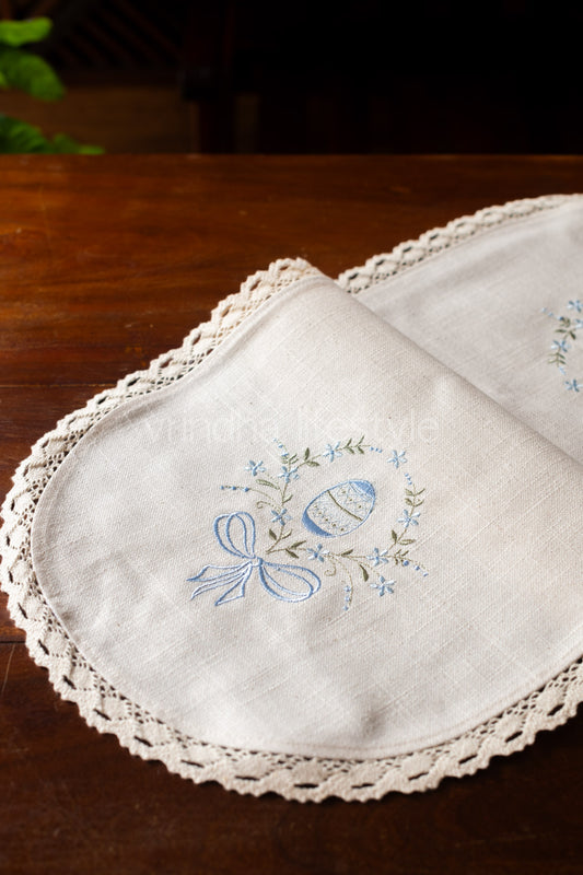 Cotton coffee table runner with embroidery and lace detailing - 12x30 inches
