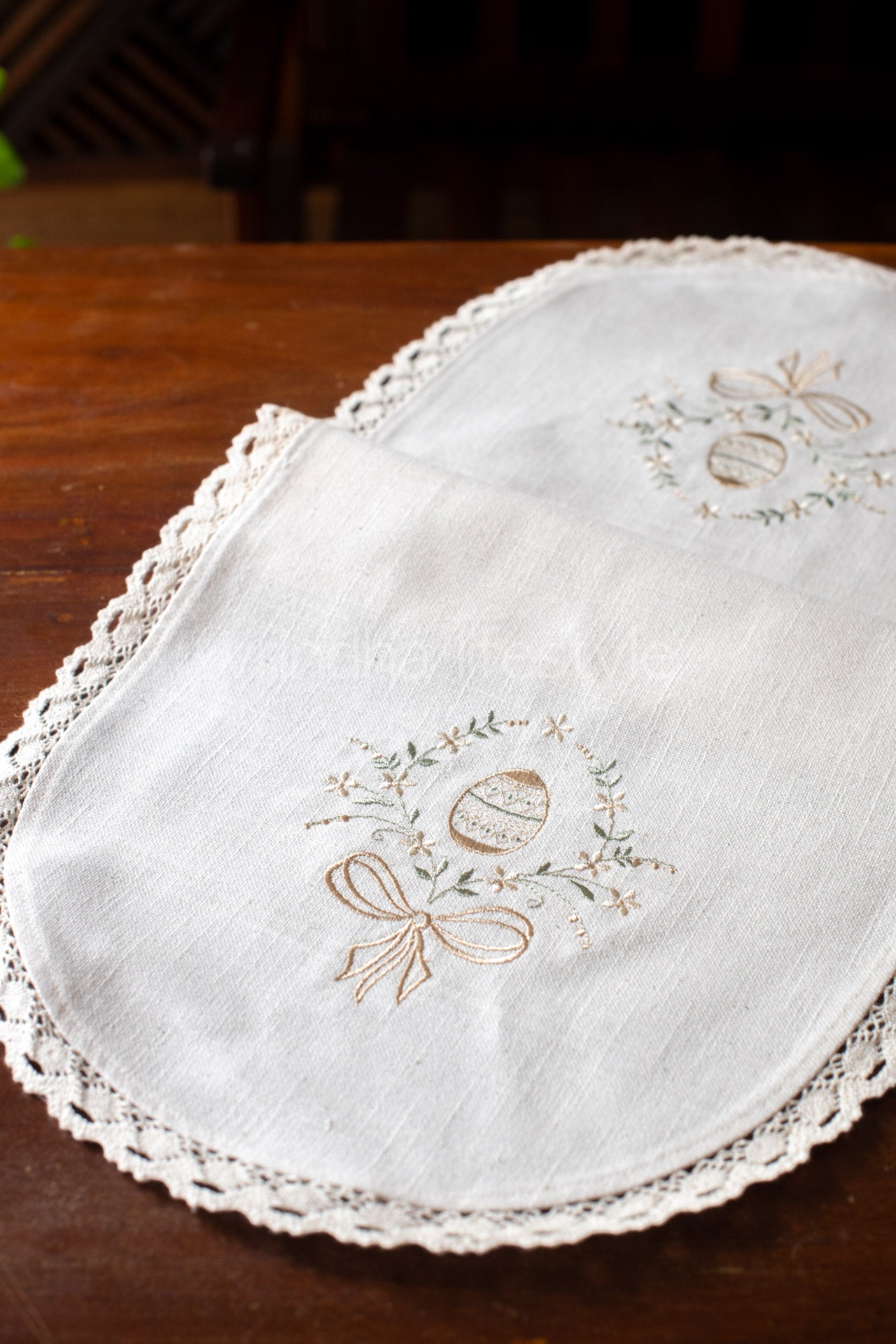 Cotton coffee table runner with embroidery and lace detailing - 12x30 inches