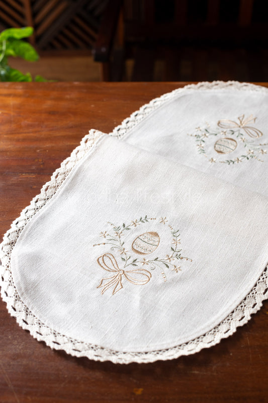 Cotton coffee table runner with embroidery and lace detailing - 12x30 inches
