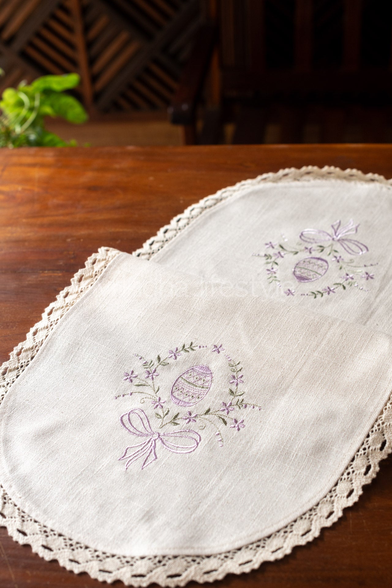 Cotton coffee table runner with embroidery and lace detailing - 12x30 inches