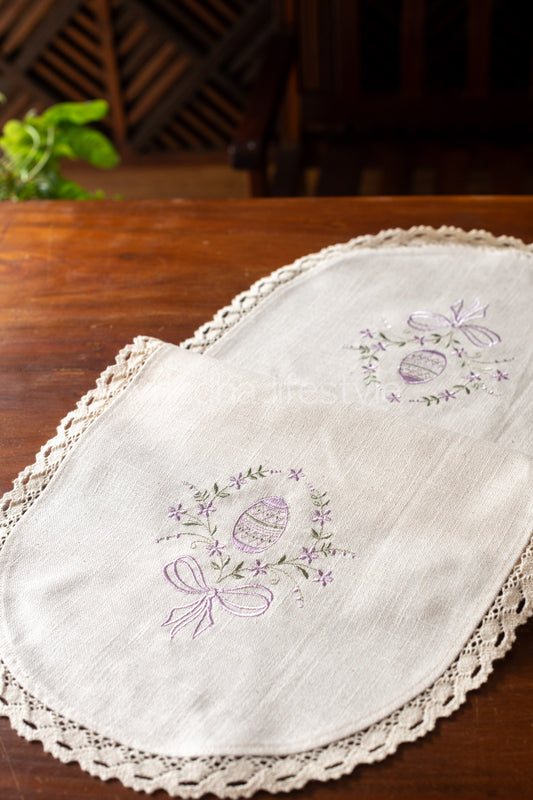 Cotton coffee table runner with embroidery and lace detailing - 12x30 inches