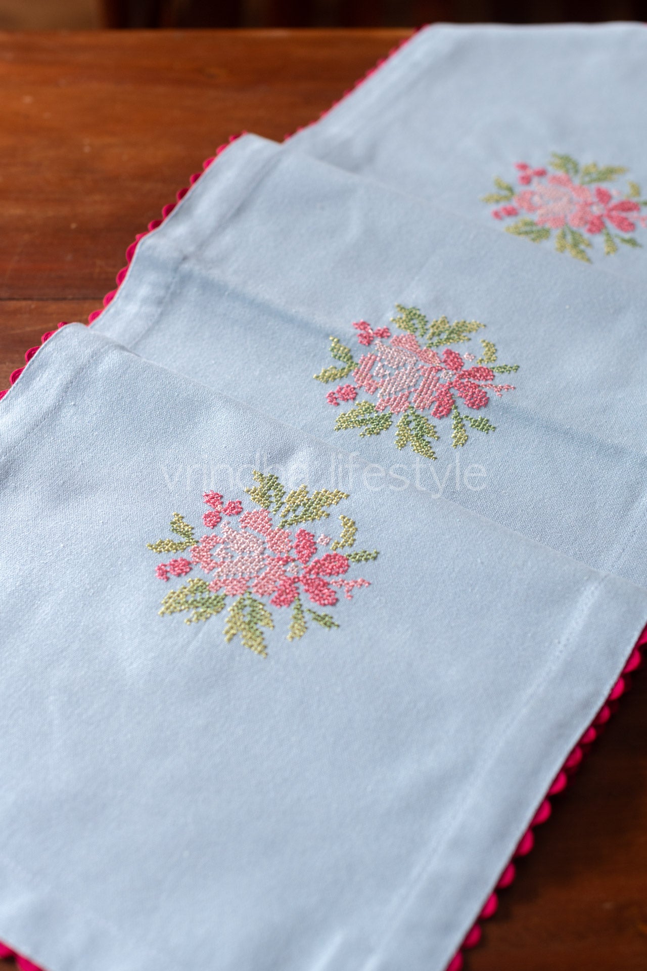 Cotton table runner with embroidery and lace detailing -12x44 inches